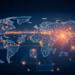 A broad illustration of the global supply chain showing logistics and distribution processes linked by AI innovations.
