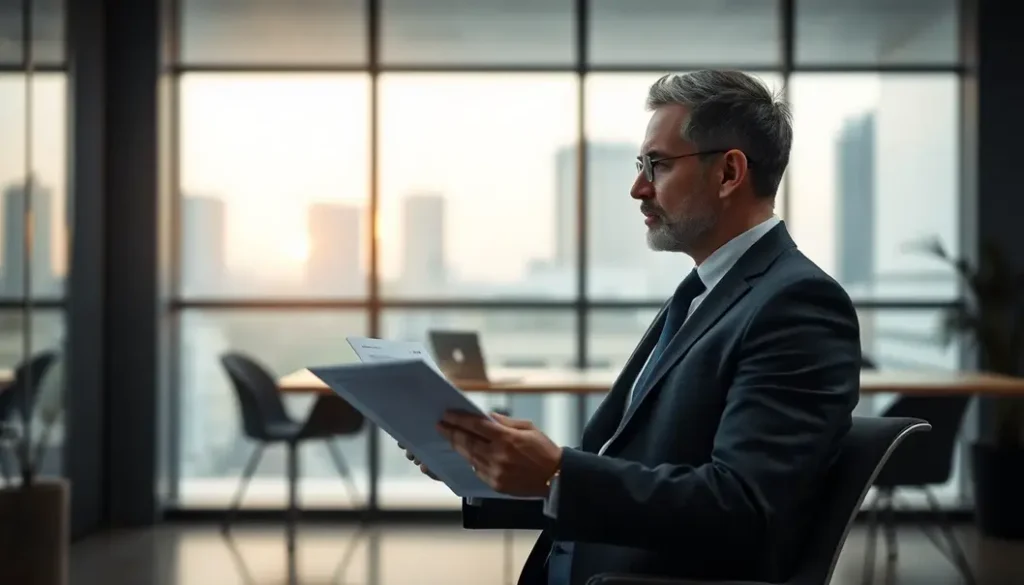 Healthcare executive analyzing AI data reports in a professional office.