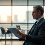 Healthcare executive analyzing AI data reports in a professional office.