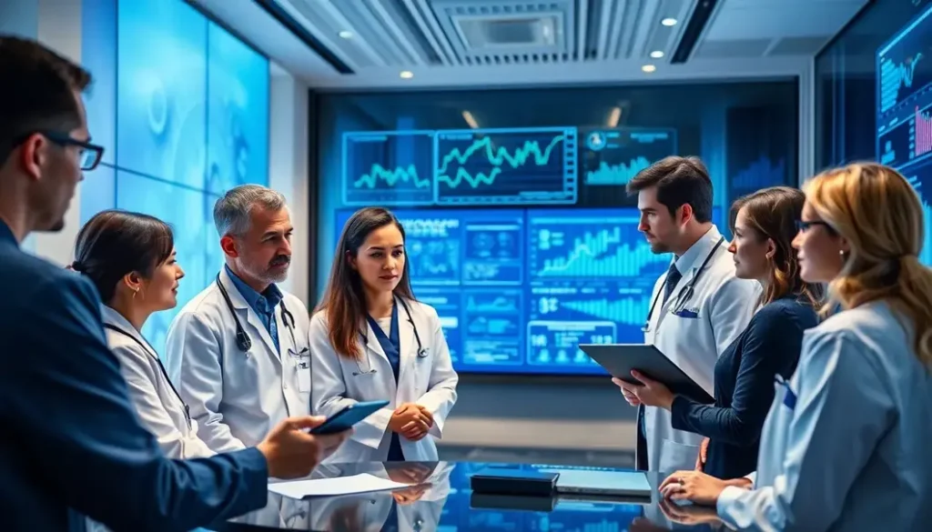 A group of healthcare professionals discussing the impact of AI technologies on healthcare analytics.
