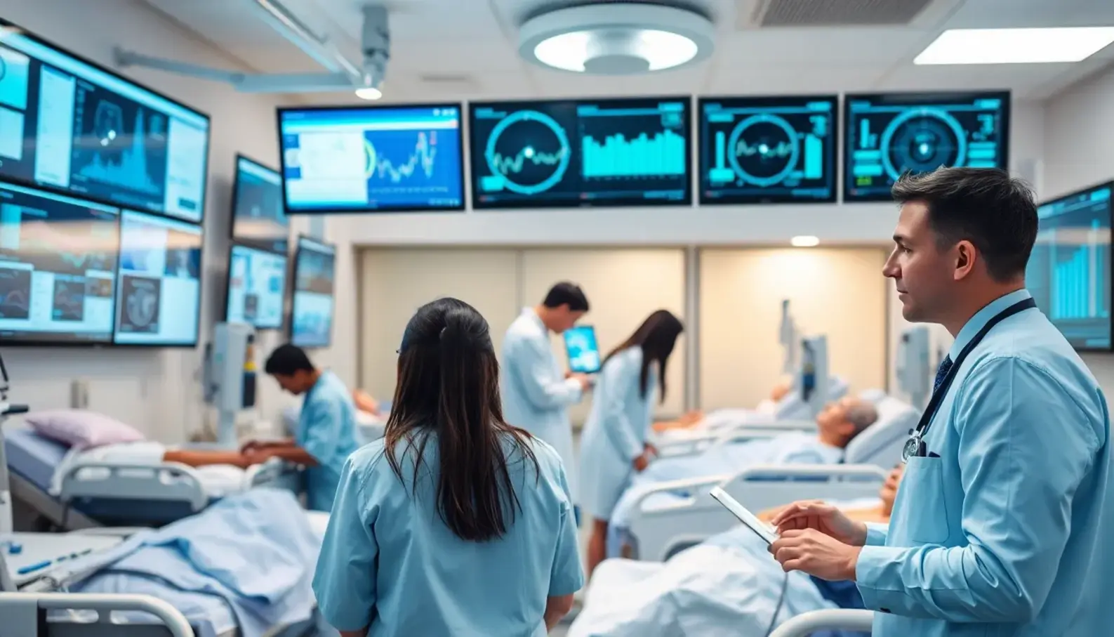 Hospital staff leveraging AI analytics for optimized operations.