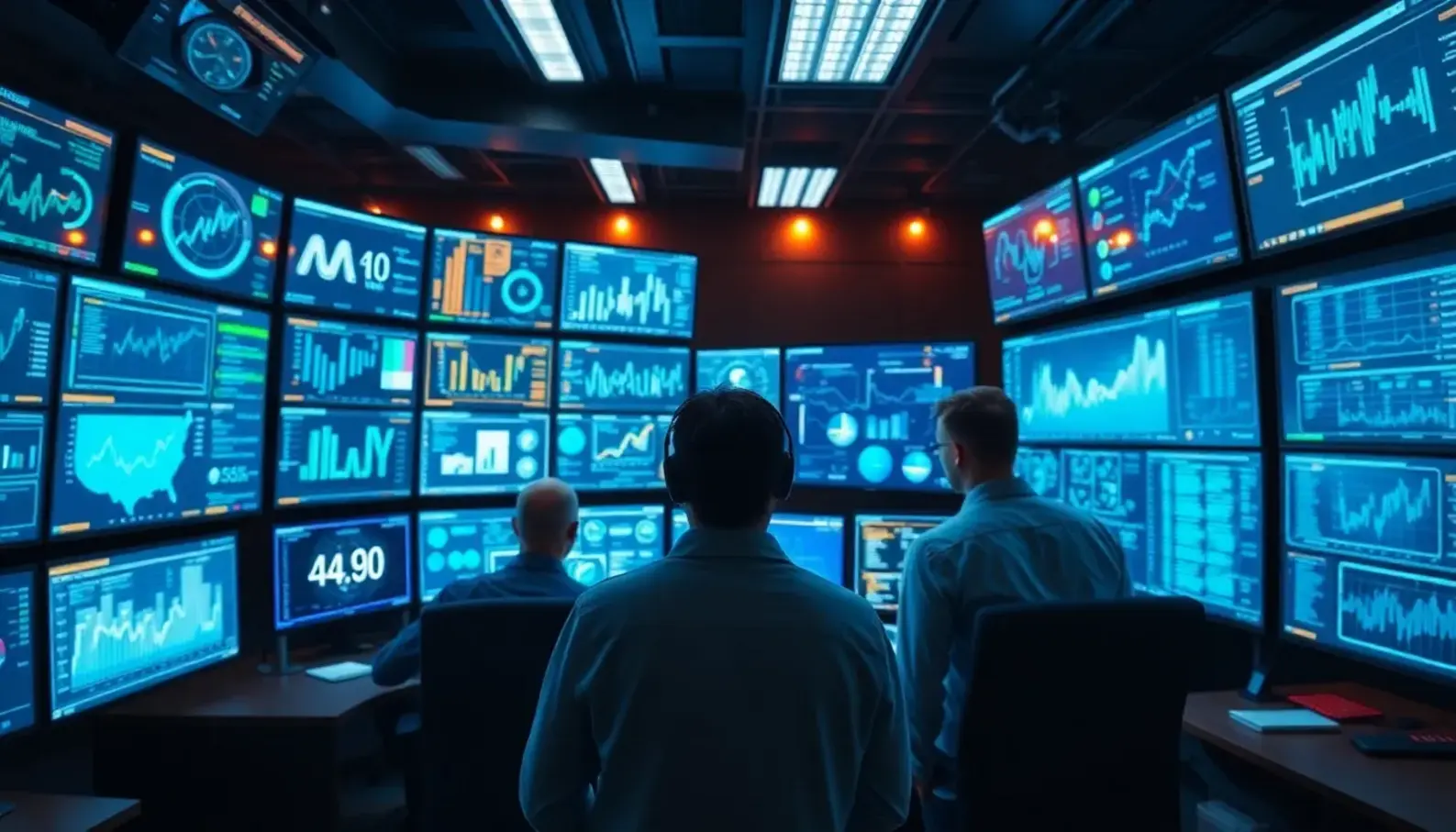 Control room with AI-driven data analytics for optimizing supply chains.