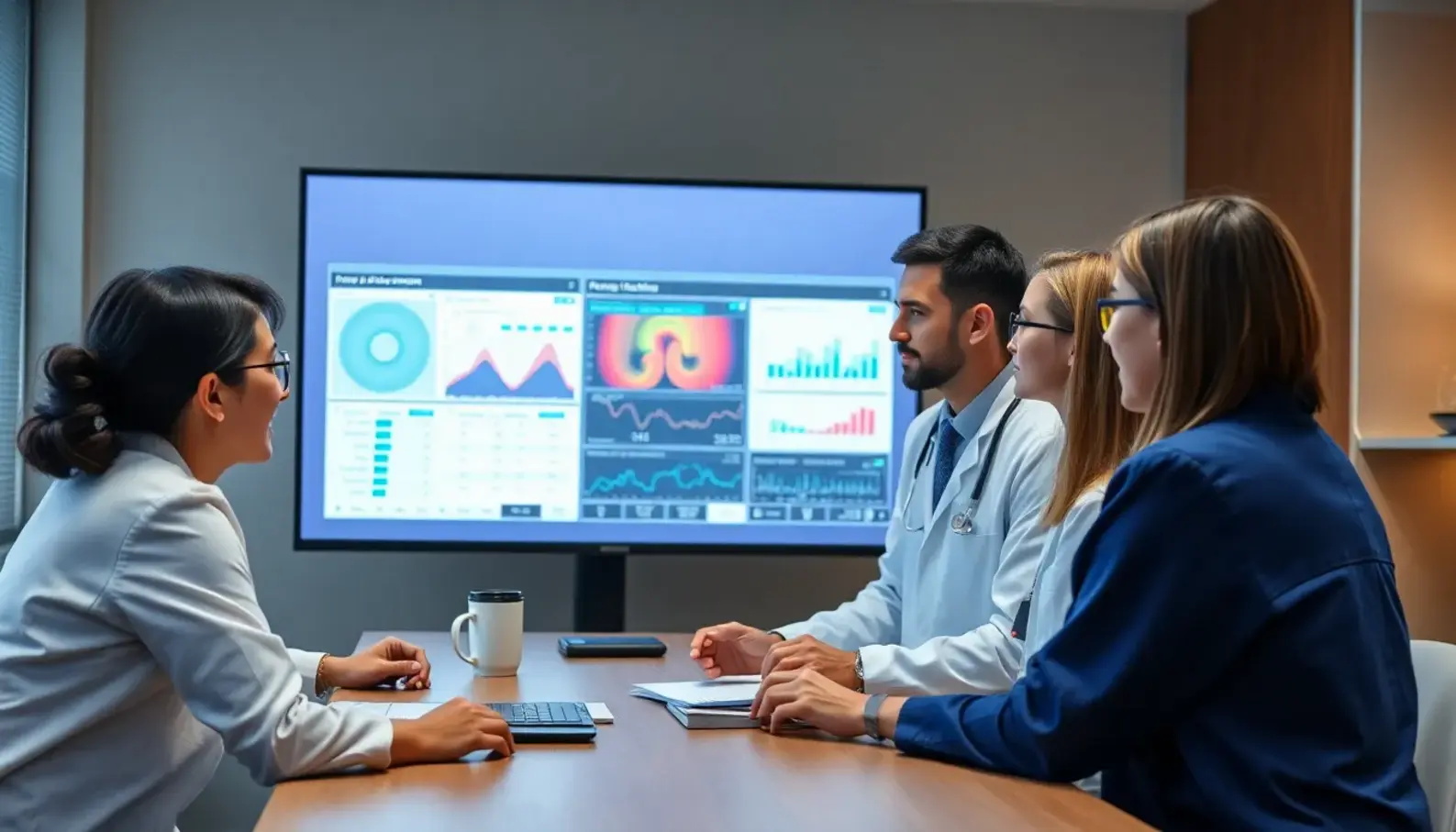 AI technology in healthcare analytics showing data visualizations and insights.
