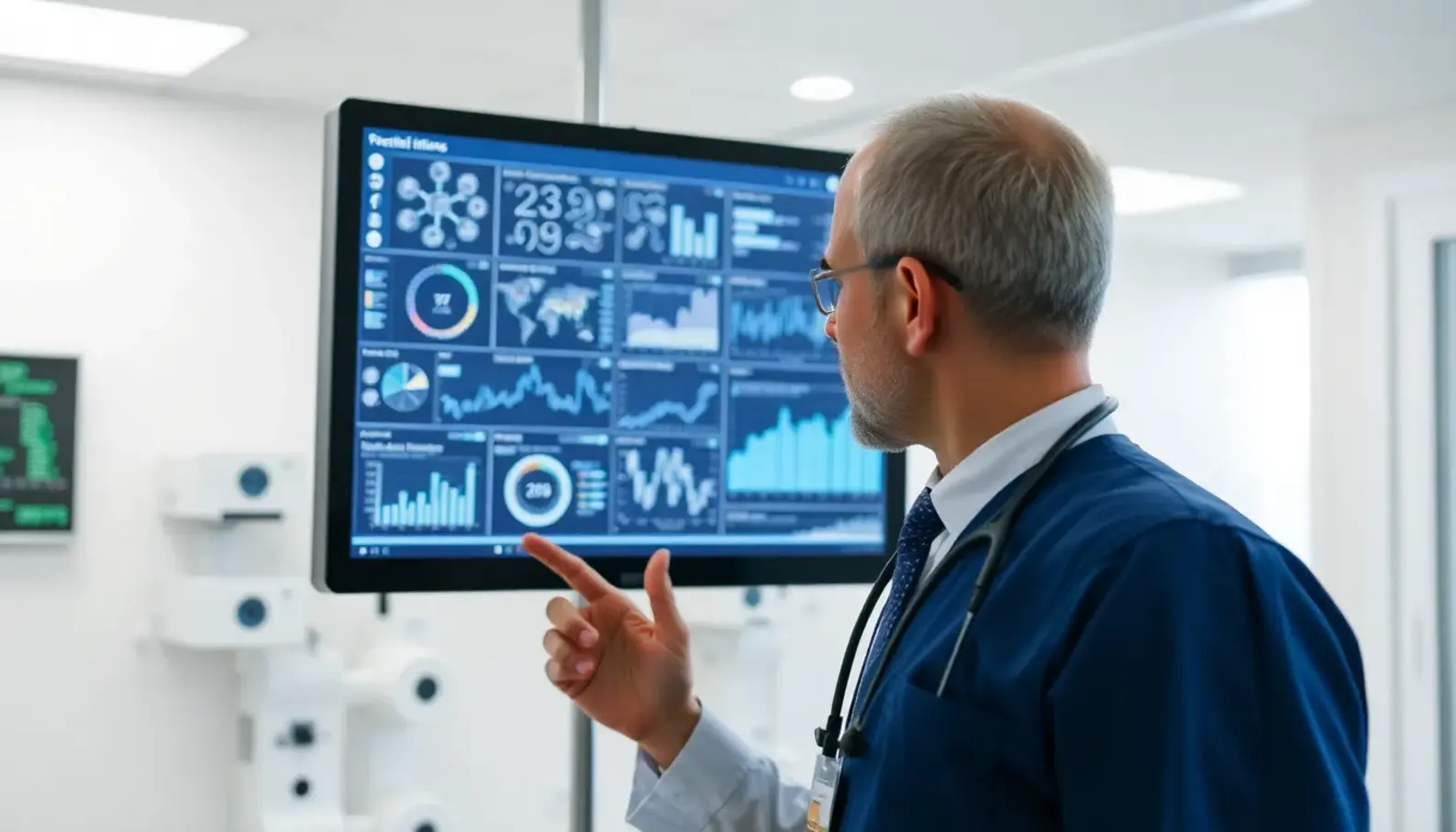 AI technology in healthcare analytics showing data visualizations and insights.