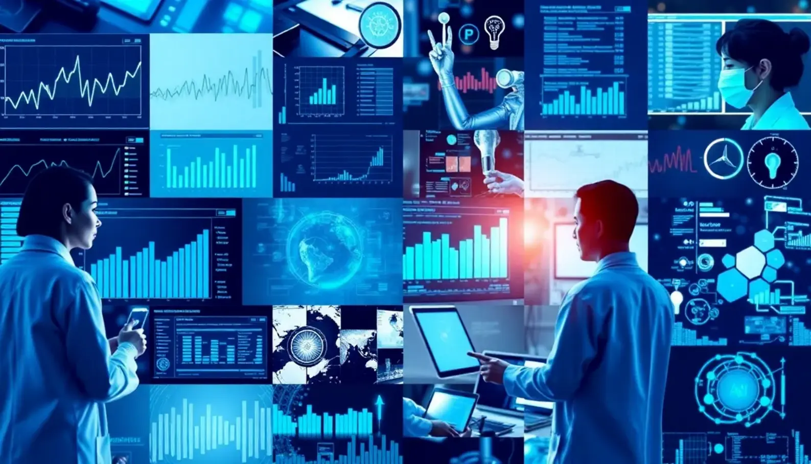 A collage illustrating AI technologies in healthcare analytics.