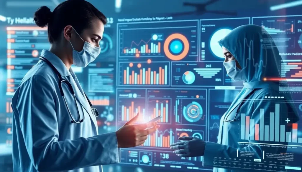 An illustration showing healthcare professionals engaged with advanced AI data visualization tools in a modern healthcare setting.