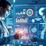 An illustration showing healthcare professionals engaged with advanced AI data visualization tools in a modern healthcare setting.