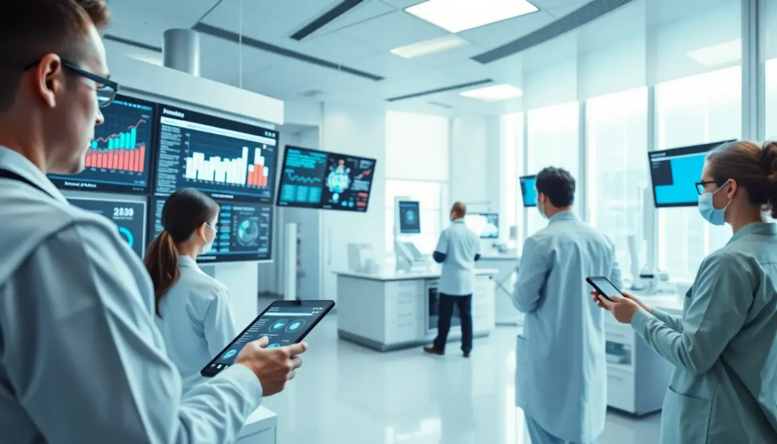 Healthcare professionals using AI-driven analytics to improve patient outcomes.