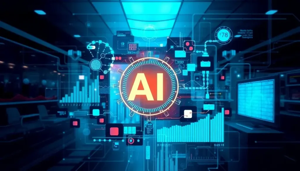 Futuristic visual collage representing the integration of AI in healthcare analytics with data and hospital imagery.