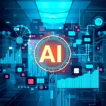 Futuristic visual collage representing the integration of AI in healthcare analytics with data and hospital imagery.