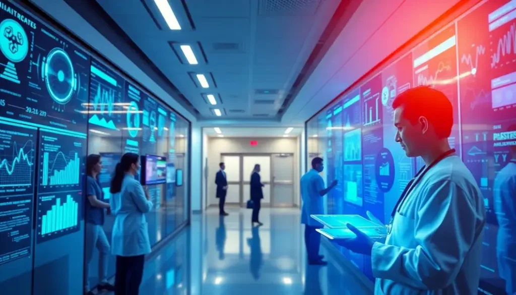 A futuristic hospital environment illustrating the integration of AI in healthcare analytics with professionals analyzing data.