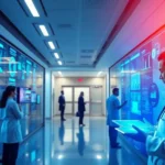 A futuristic hospital environment illustrating the integration of AI in healthcare analytics with professionals analyzing data.