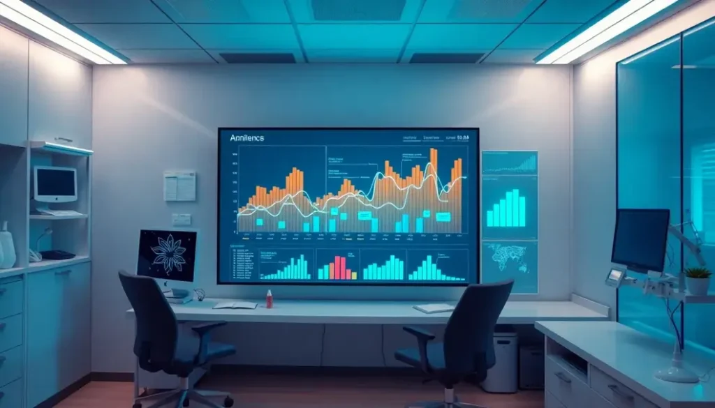 A futuristic healthcare office displaying analytics data on a screen, symbolizing the intersection of AI and compliance.