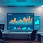 A futuristic healthcare office displaying analytics data on a screen, symbolizing the intersection of AI and compliance.