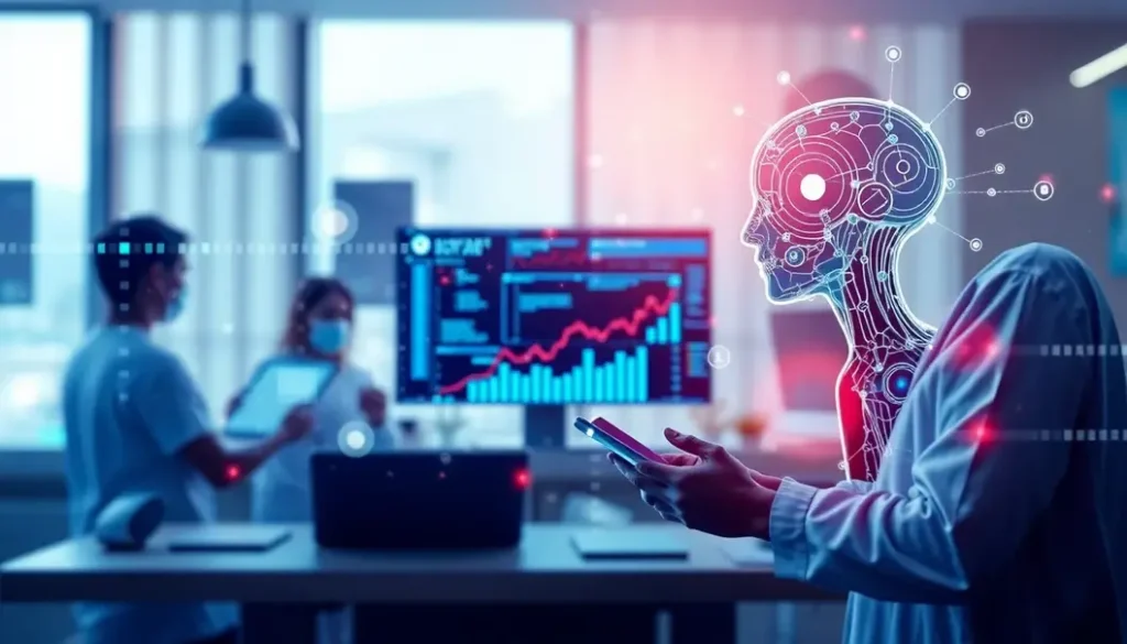 An illustration depicting the integration of AI in healthcare analytics, highlighting data management and patient care.