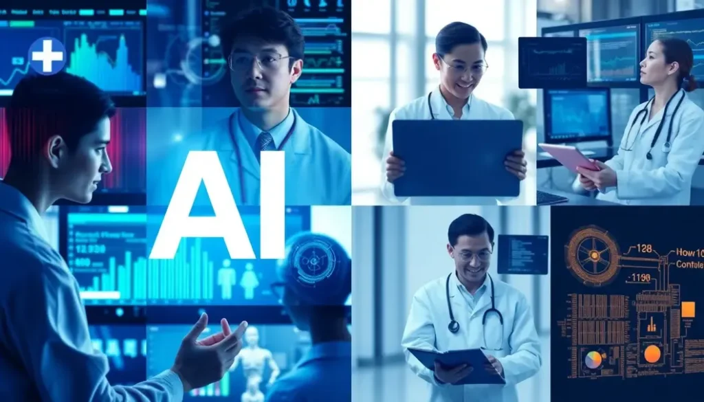 Collage demonstrating various AI applications across different healthcare scenarios.