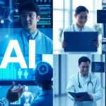 Collage demonstrating various AI applications across different healthcare scenarios.