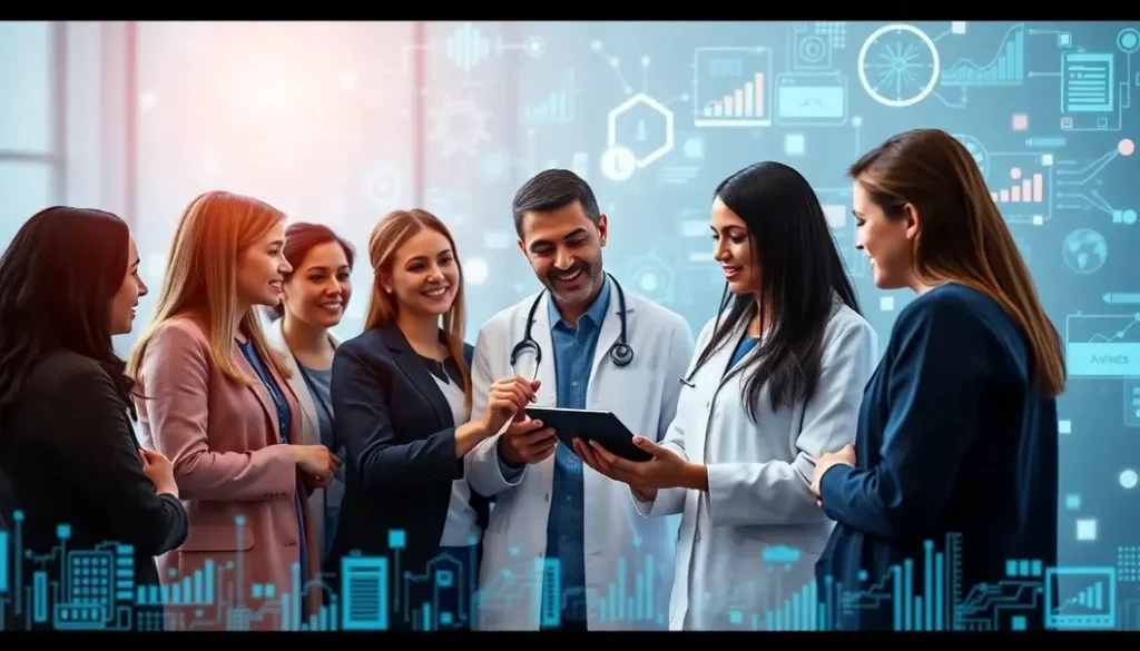 A diverse group of healthcare professionals engaged in a discussion, analyzing AI-driven healthcare analytics data on a tablet.