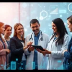 A diverse group of healthcare professionals engaged in a discussion, analyzing AI-driven healthcare analytics data on a tablet.