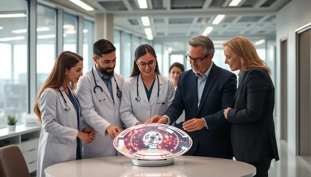 A diverse group of healthcare professionals and investors working together with advanced technology in a collaborative space.