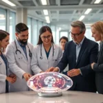 A diverse group of healthcare professionals and investors working together with advanced technology in a collaborative space.