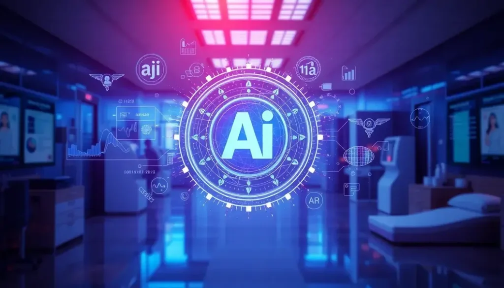 Futuristic visualization of AI and healthcare analytics integration, demonstrating advanced data processing and patient care solutions.