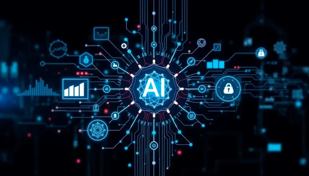 A futuristic depiction of AI's impact on healthcare analytics, featuring data visualization and healthcare professionals.