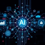 A futuristic depiction of AI's impact on healthcare analytics, featuring data visualization and healthcare professionals.