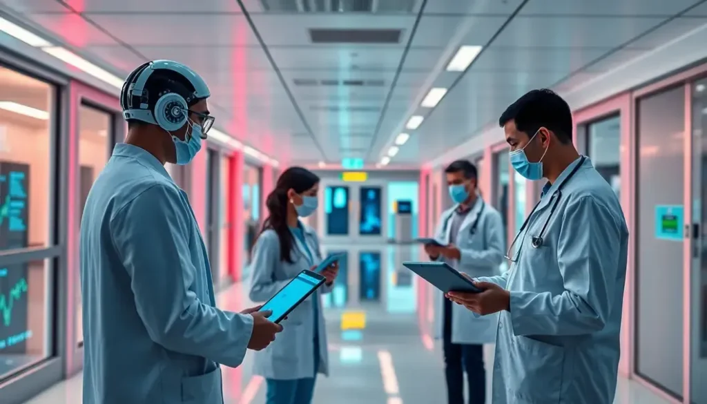 A modern hospital showcasing the integration of AI tools in patient care and healthcare analytics.