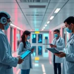 A modern hospital showcasing the integration of AI tools in patient care and healthcare analytics.