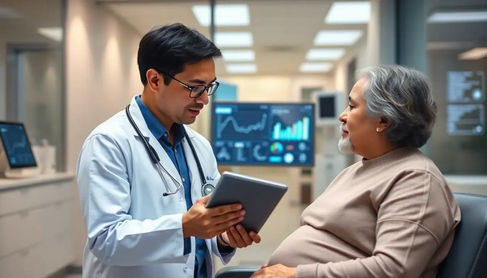 Healthcare professionals collaboratively analyzing AI-driven analytics data.