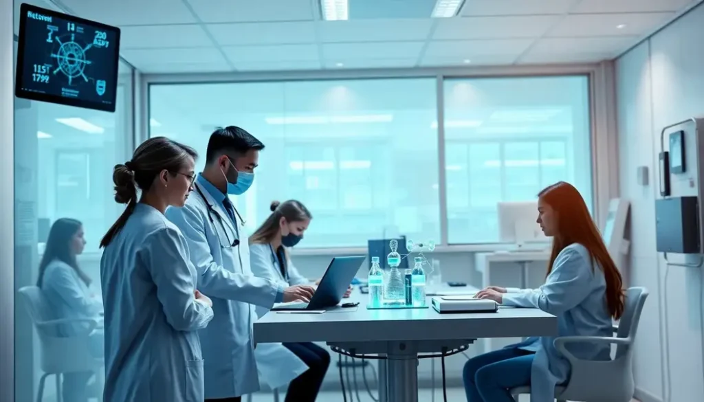 Healthcare professionals and legal advisors working together with AI technology in a hospital.