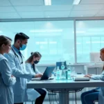 Healthcare professionals and legal advisors working together with AI technology in a hospital.