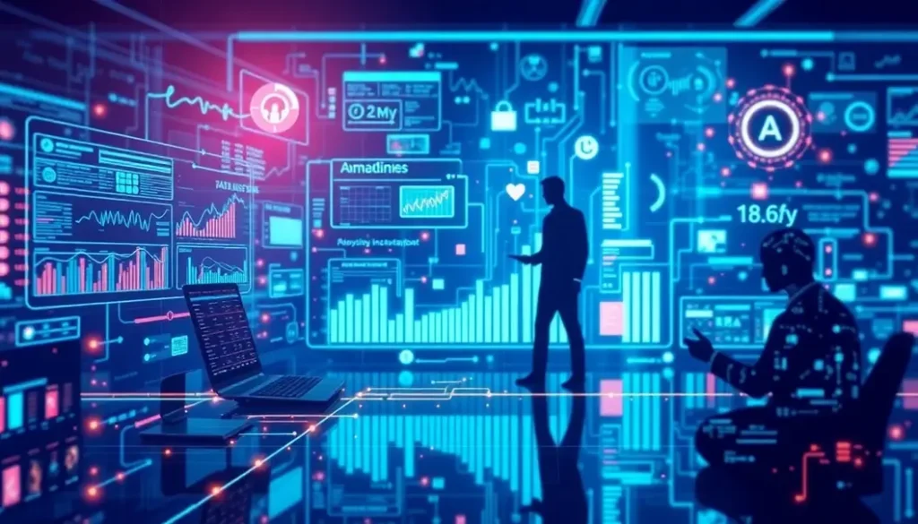 A futuristic depiction of AI's impact on healthcare, highlighting innovations in analytics, patient interactions, and data visualization.