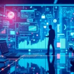 A futuristic depiction of AI's impact on healthcare, highlighting innovations in analytics, patient interactions, and data visualization.