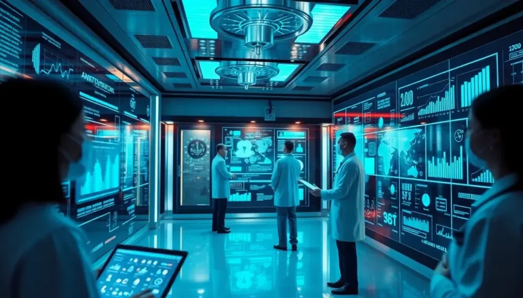 A futuristic healthcare setting showcasing integration of AI technologies in patient care.