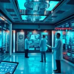 A futuristic healthcare setting showcasing integration of AI technologies in patient care.