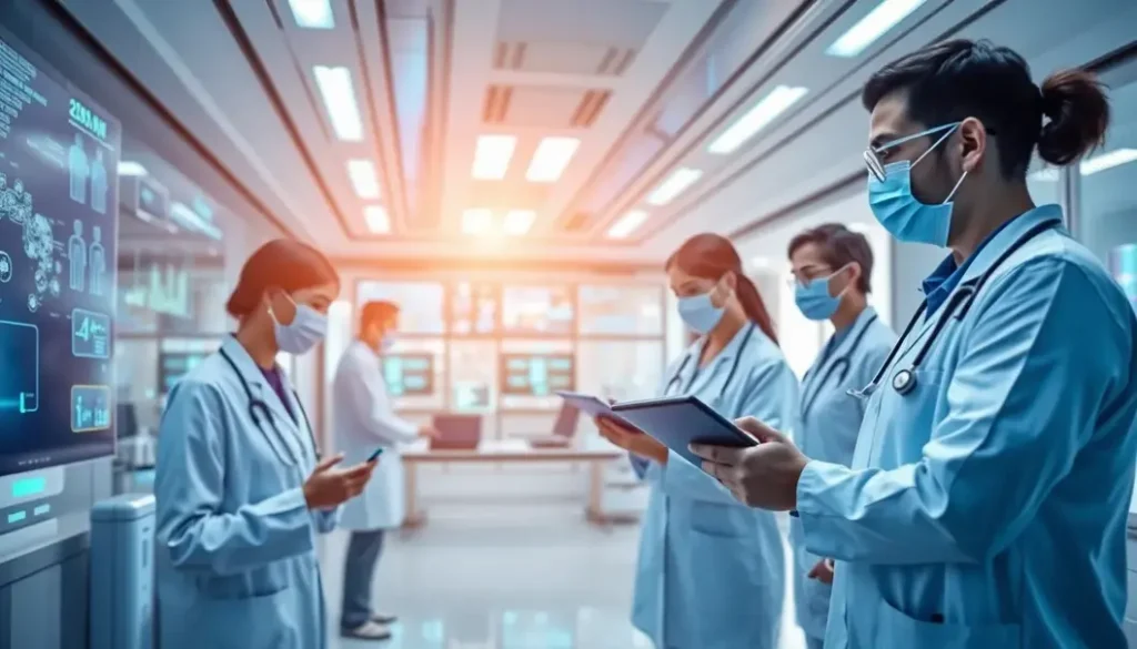 Futuristic healthcare setting with AI technology enhancing patient and staff interactions.