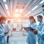 Futuristic healthcare setting with AI technology enhancing patient and staff interactions.