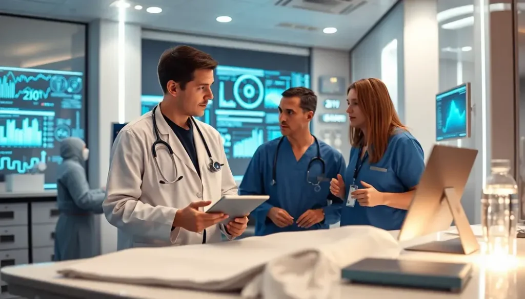 A modern healthcare environment showcasing the role of AI in improving patient care through advanced analytics.
