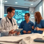 A modern healthcare environment showcasing the role of AI in improving patient care through advanced analytics.