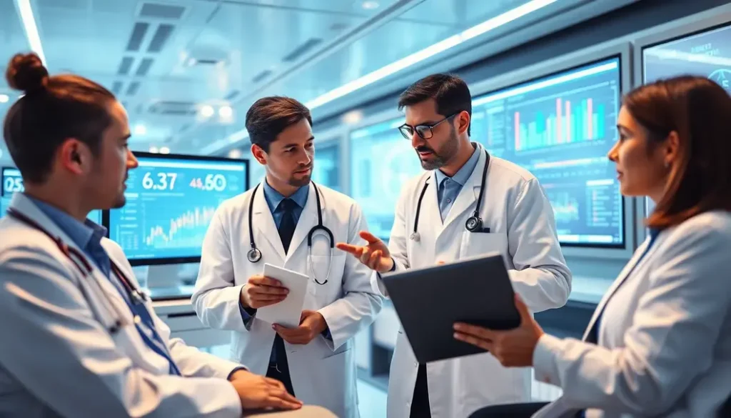 Futuristic healthcare environment showcasing integration of technology and patient interaction.