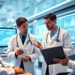 Futuristic healthcare environment showcasing integration of technology and patient interaction.