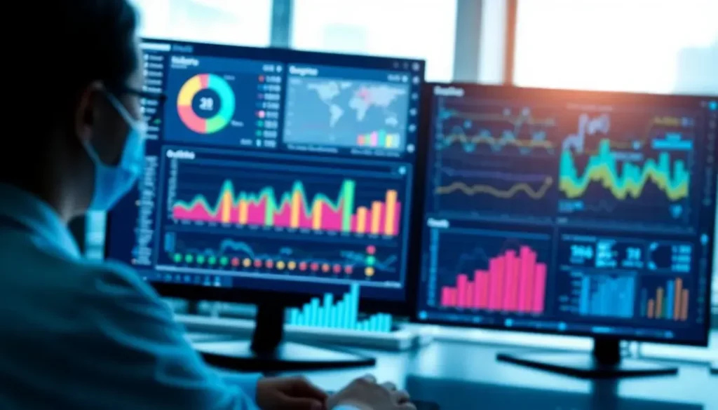 A high-tech healthcare analytics dashboard displaying AI insights for enhanced patient care.