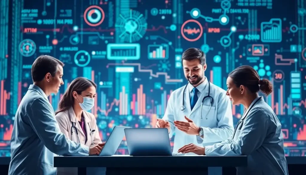 A representation of the future of healthcare analytics combining diverse professionals and technology