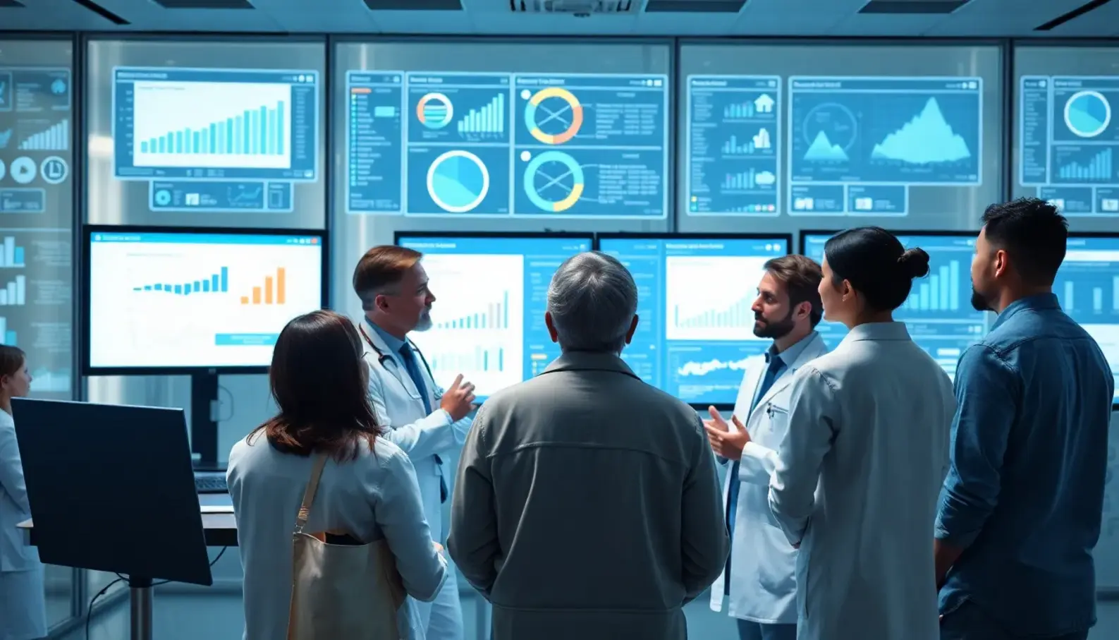 Healthcare professionals collaboratively analyzing AI-driven analytics data.