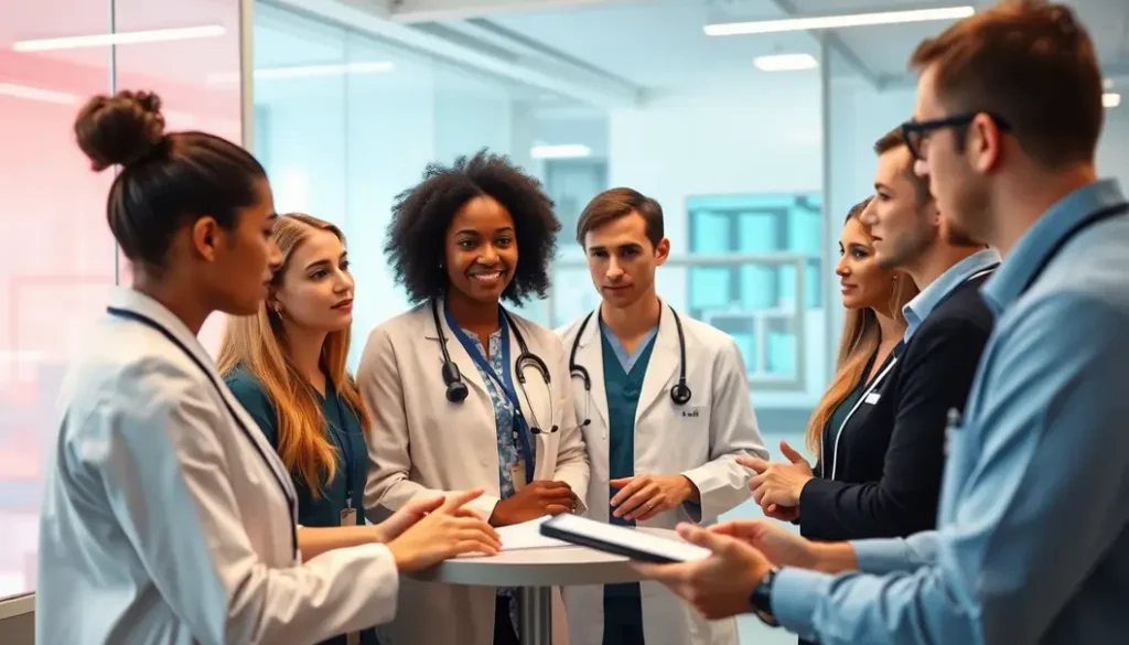 A diverse team of healthcare professionals engaged in a discussion about AI-driven analytics in a clinical environment.