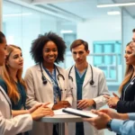 A diverse team of healthcare professionals engaged in a discussion about AI-driven analytics in a clinical environment.
