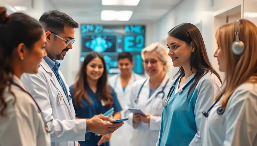 Diverse healthcare professionals engaging with AI technologies in a collaborative hospital environment.