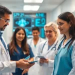 Diverse healthcare professionals engaging with AI technologies in a collaborative hospital environment.